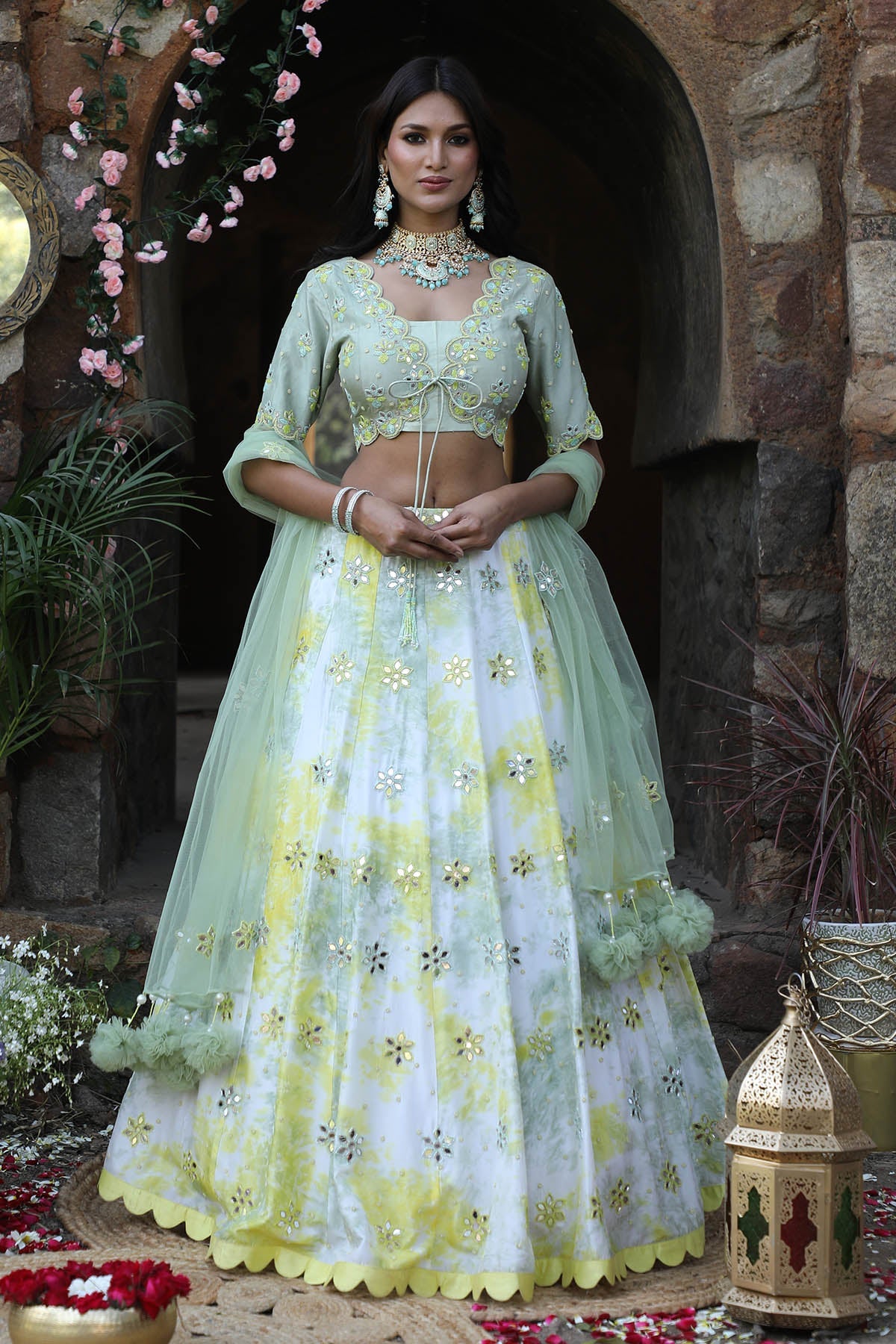 Buy Olive Green Mirror Lehenga Set by Nitisha Kashyap for women online at ScrollnShops